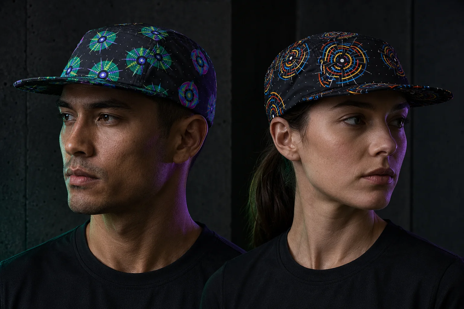 Men’s and women’s NULLRADIAL six-panel caps in a dark campaign studio