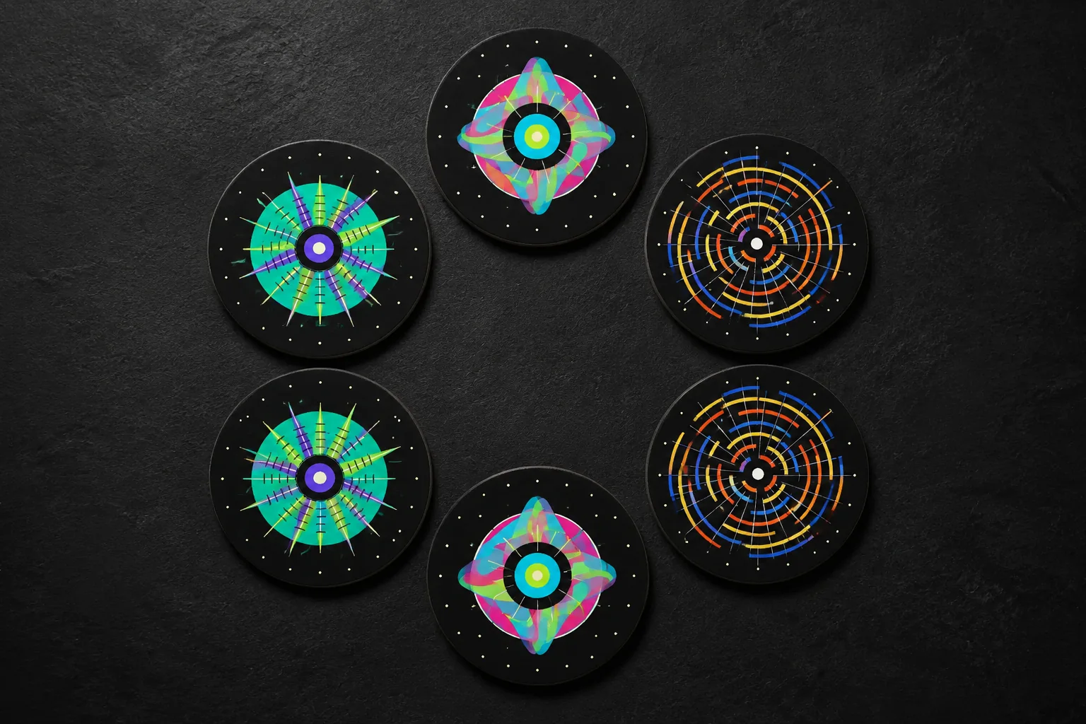 Six NULLRADIAL field coasters on a dark stone surface