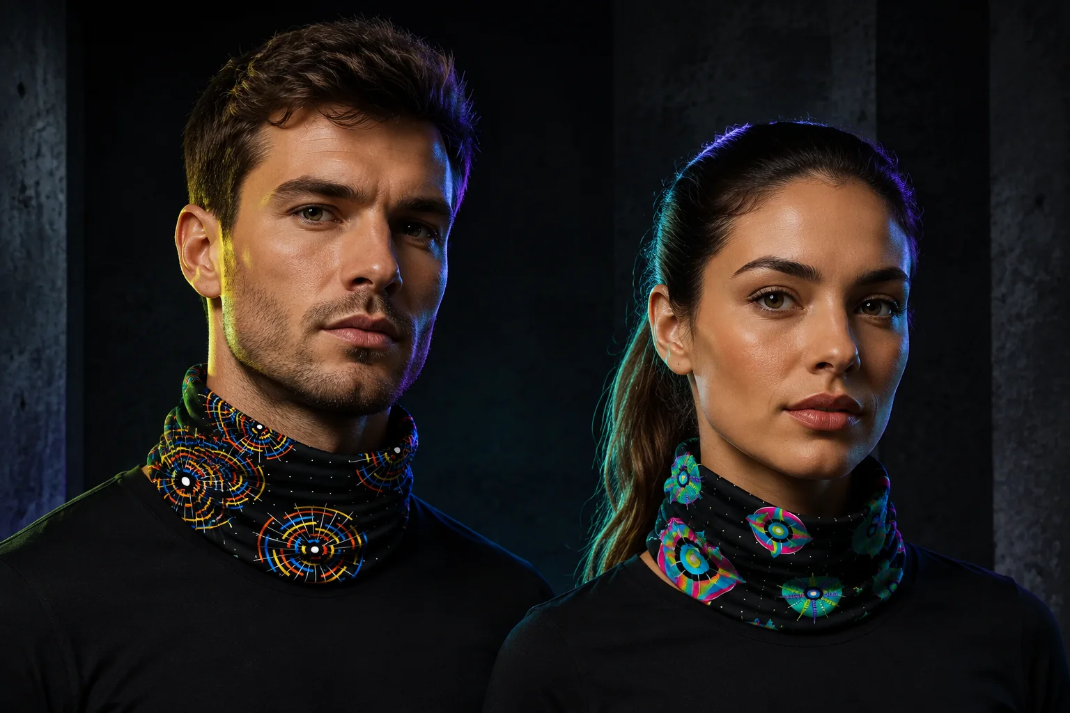 Men’s and women’s NULLRADIAL neck gaiters in a dark campaign studio