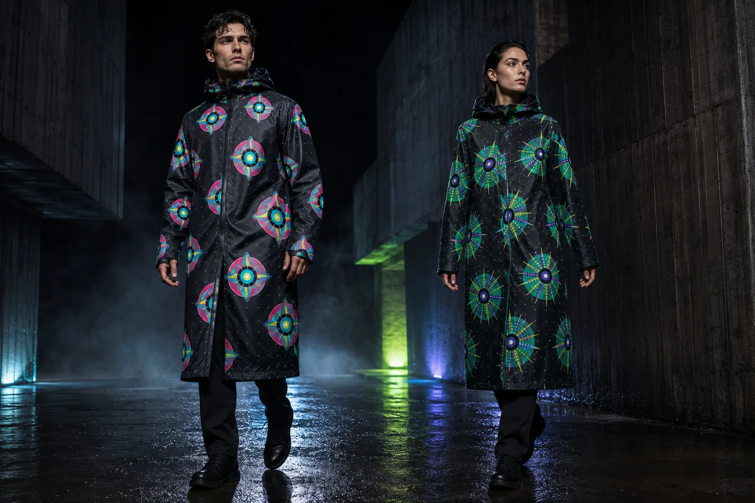 Men’s and women’s NULLRADIAL raincoats in a wet concrete campaign set