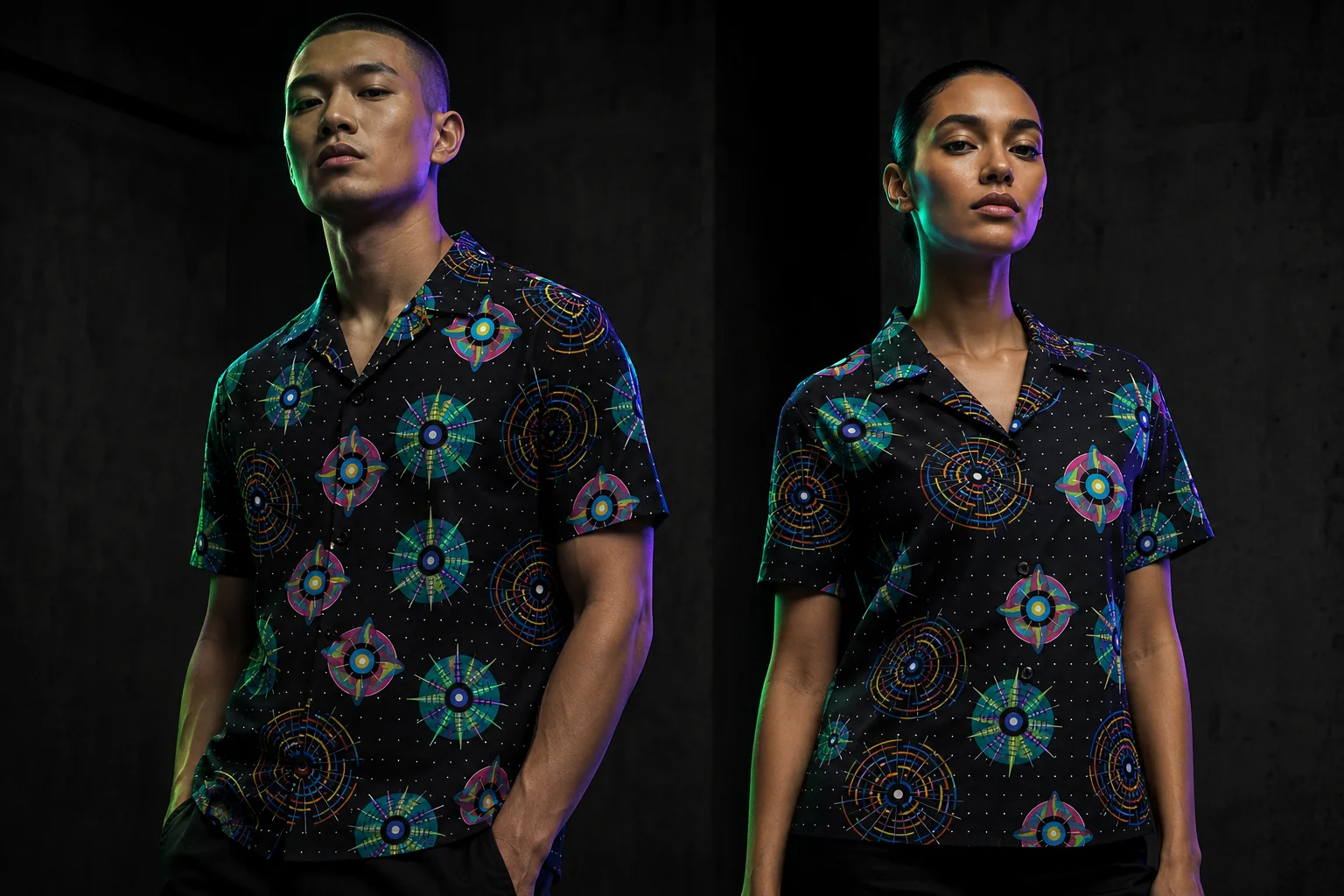 Men’s and women’s NULLRADIAL camp shirts in a dark campaign studio