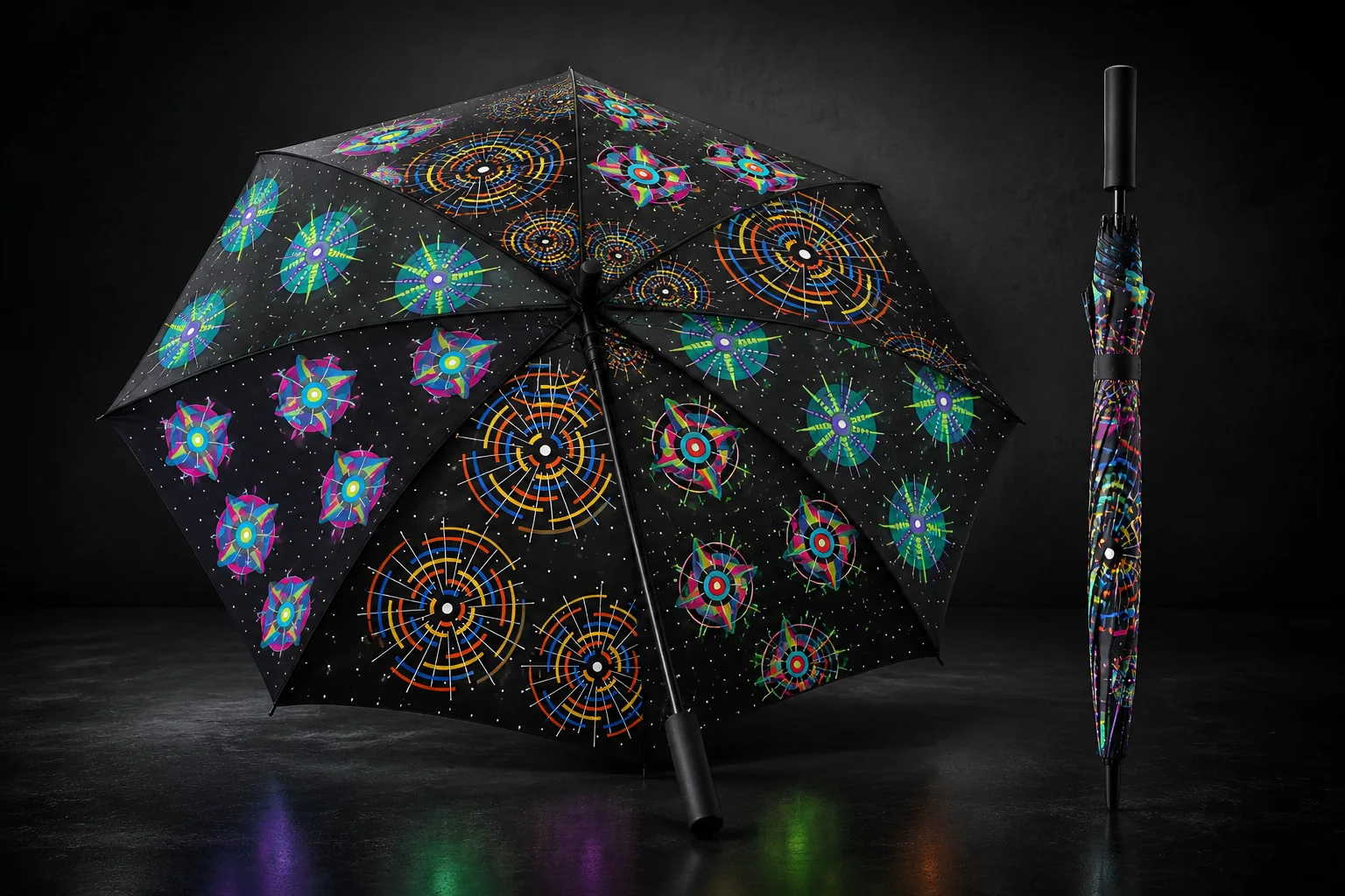 Open and closed NULLRADIAL eight-panel umbrellas in a dark materials studio