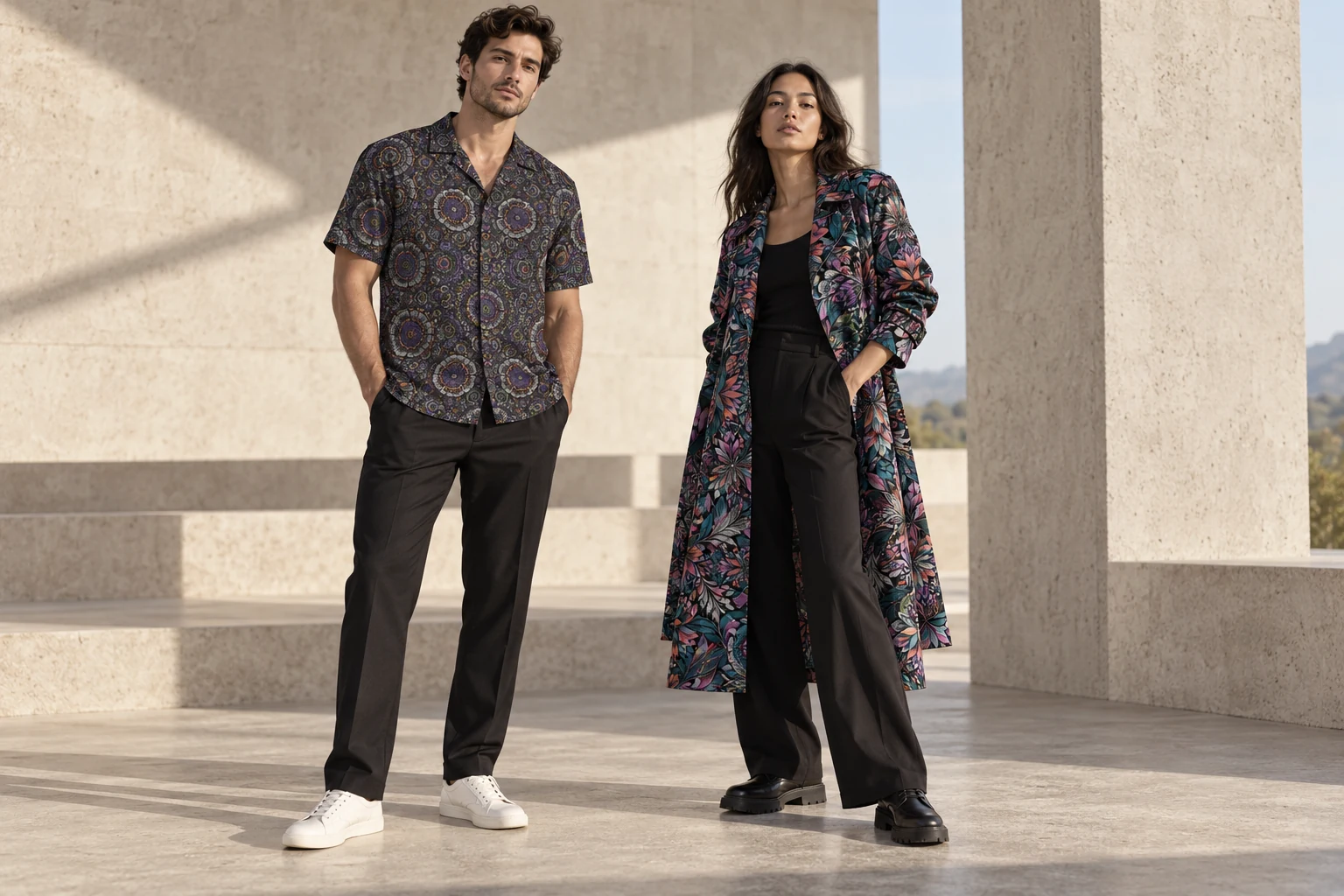 Fashion concept: a Broken Halo camp shirt and Prism Canopy trench styled with simple dark separates